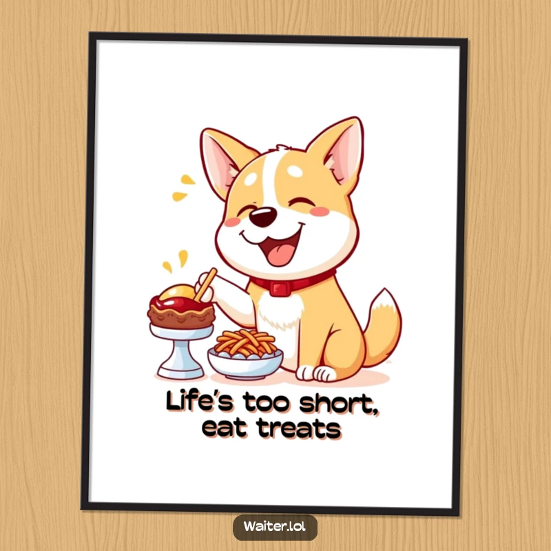 Funny Free Printable Wall Art: A happy dog enthusiastically points to a delicious menu item, offering humorous downloadable decor.