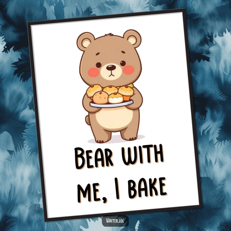 Funny Free Printable Wall Art of a diligent bear proudly carrying a plate full of tempting pastries.
