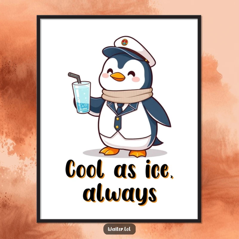 Funny Free Printable Wall Art of a proud penguin in a sleek uniform offering a frosty drink with a polite nod.