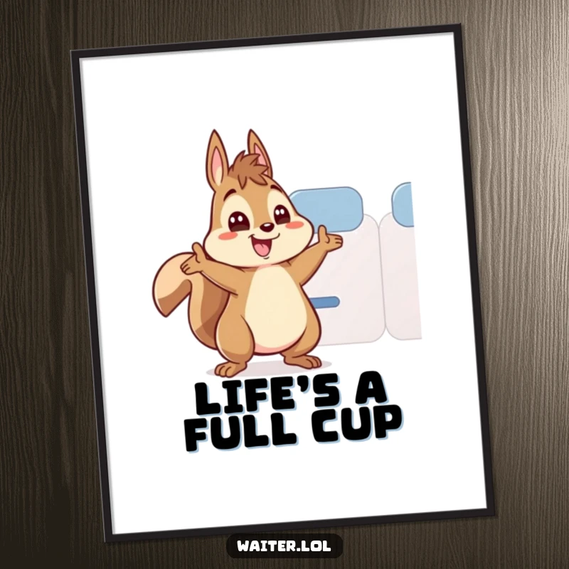 Funny free printable wall art of an energetic squirrel enthusiastically refilling a teacup with a very wide-eyed gaze.