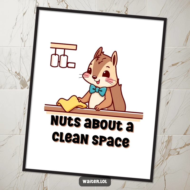 Funny Free Printable Wall Art: A squirrel in a bow tie politely wiping a counter, bringing humorous downloadable decor to life.