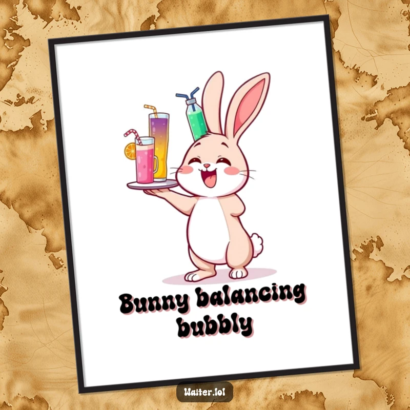 Funny Free Printable Wall Art: A cheerful bunny wobbles precariously while balancing a towering tray of colorful drinks, full of delight.