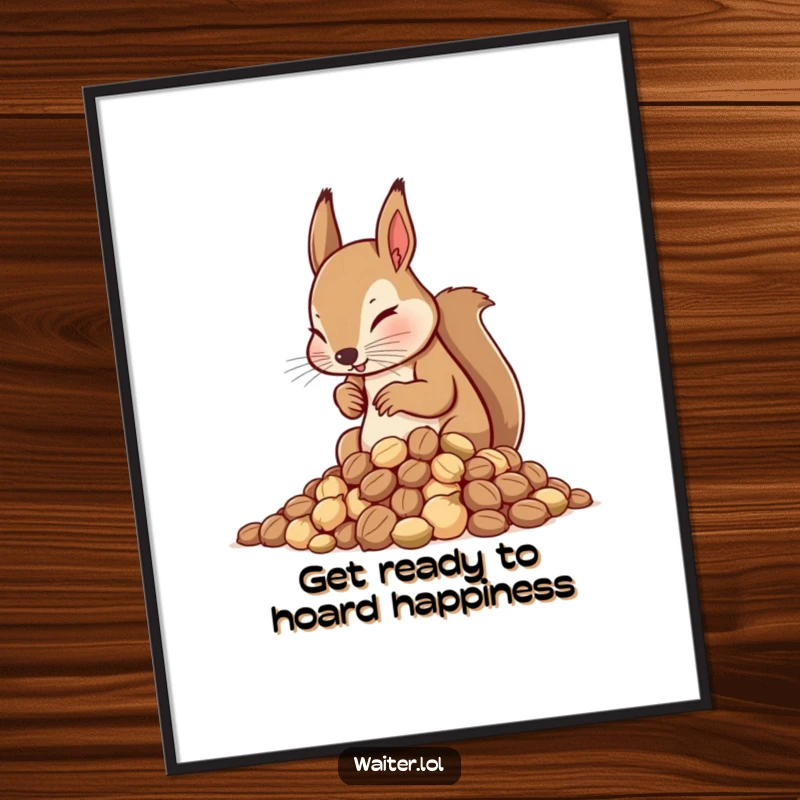 Funny free printable wall art of a determined squirrel waiter meticulously arranging a pile of nuts.