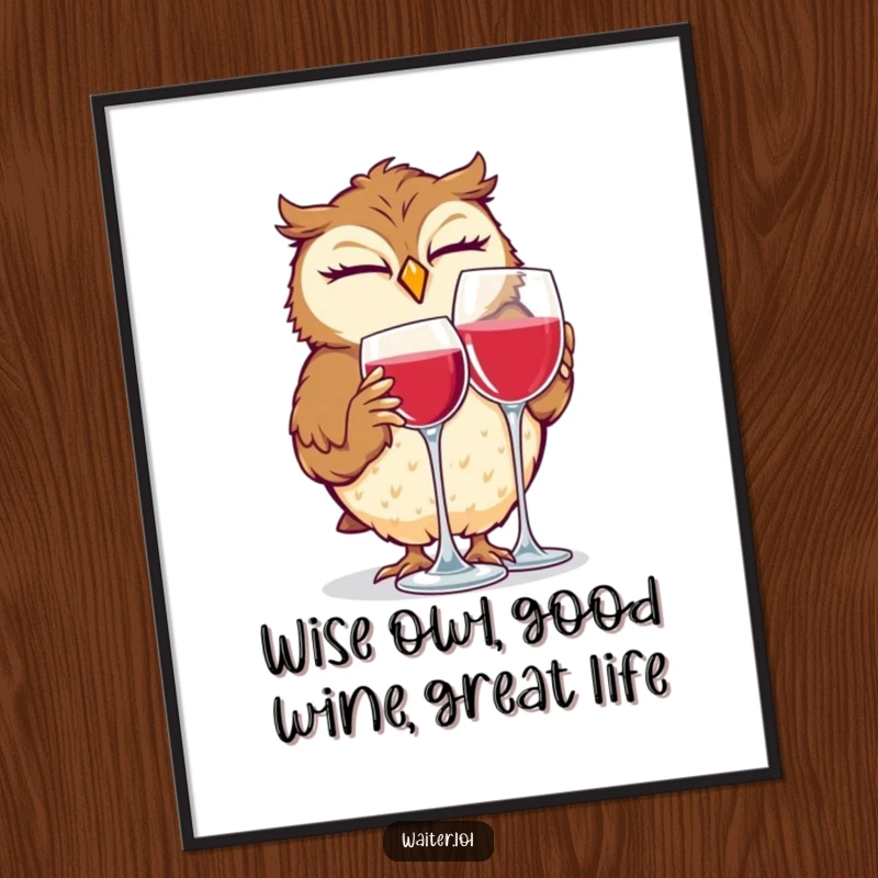Funny free printable wall art depicting a giggling owl with a wine glass, winking playfully, adding humor to any room.