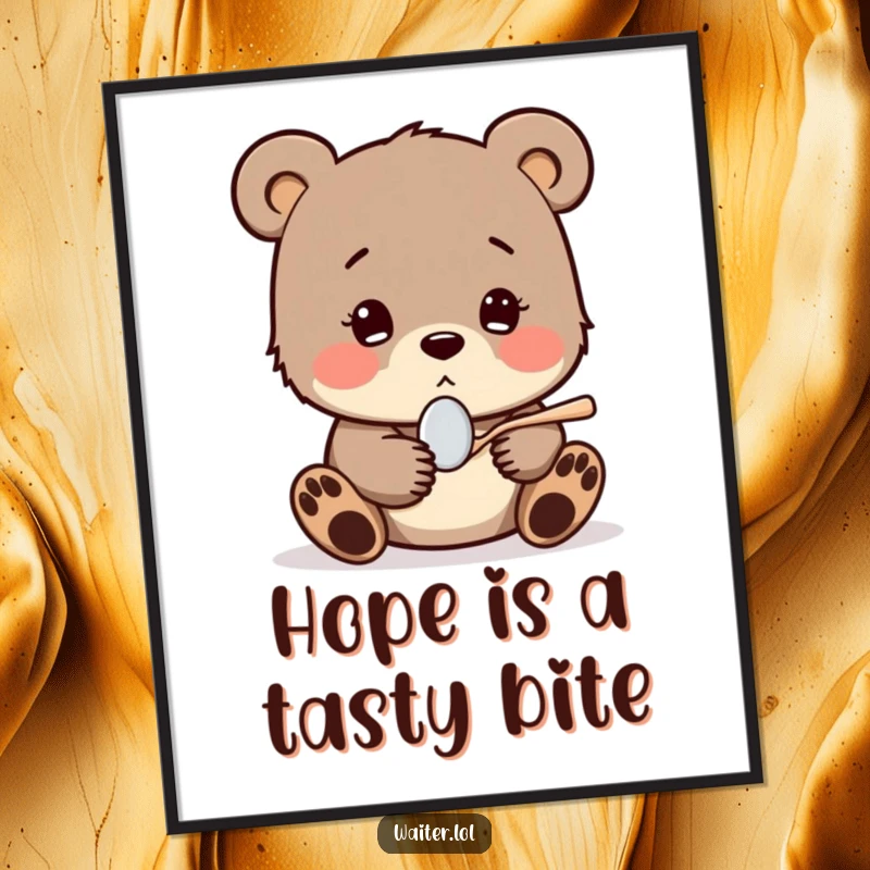 Funny Free Printable Wall Art: A shy bear cub with a hopeful expression shyly offers a tiny spoon, exuding sweetness and gentle charm.