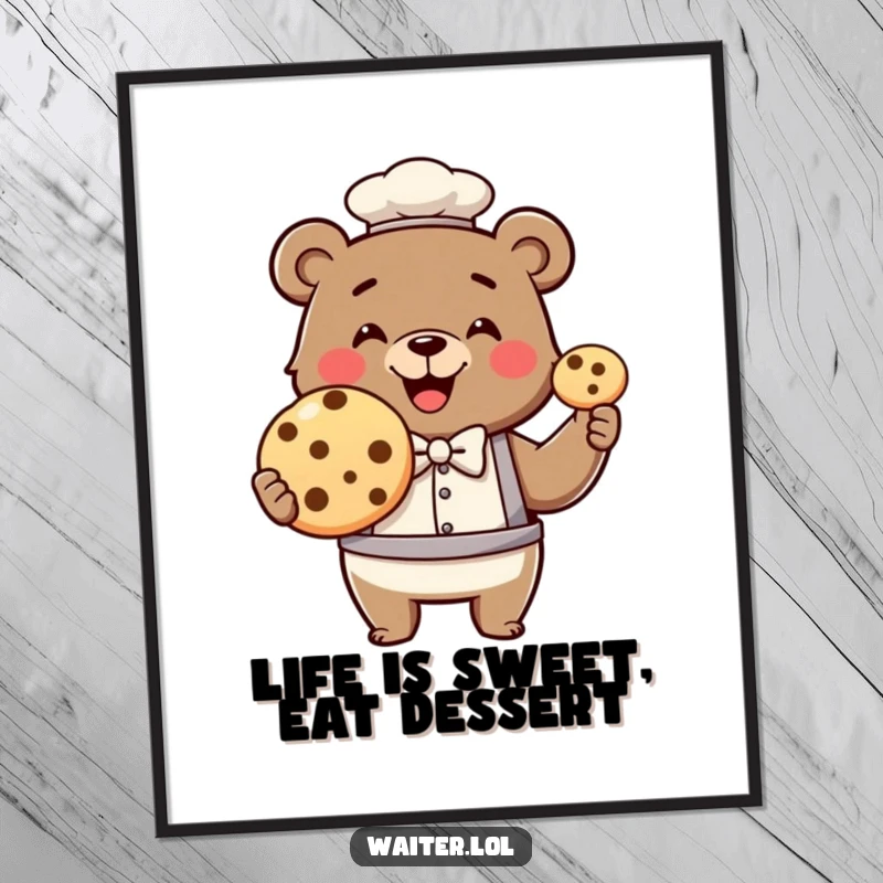 Funny Free Printable Wall Art: Smiling bear waiter in a bowtie presents a single, giant cookie.