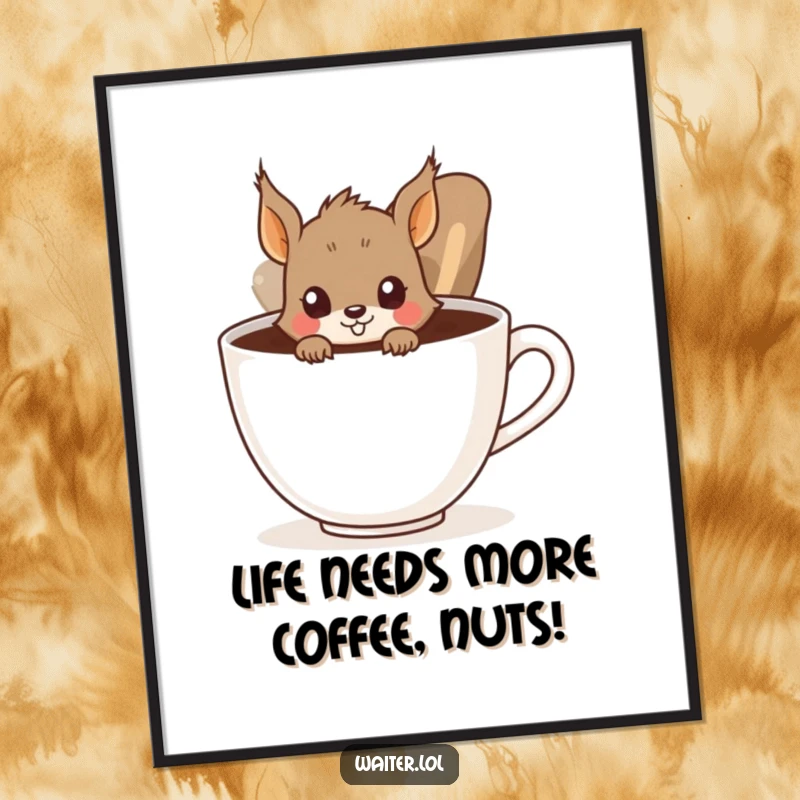 Funny Free Printable Wall Art: A curious squirrel peeks from behind a giant coffee cup, ready for a caffeine boost.