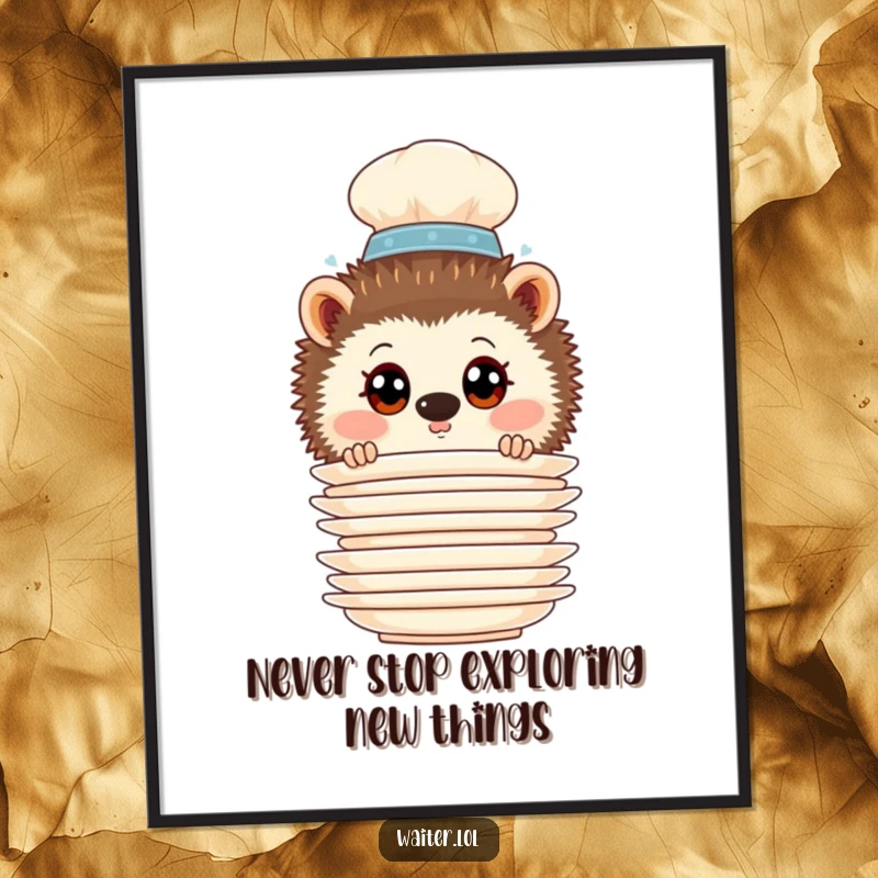 Funny free printable wall art of a curious hedgehog waiter peeking from behind a tall stack of plates.