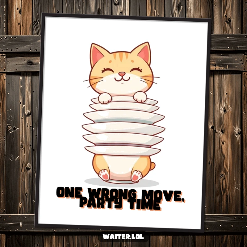 Funny Free Printable Wall Art: Cheerful cat precariously balances a huge stack of plates, a comical display of juggling skill.
