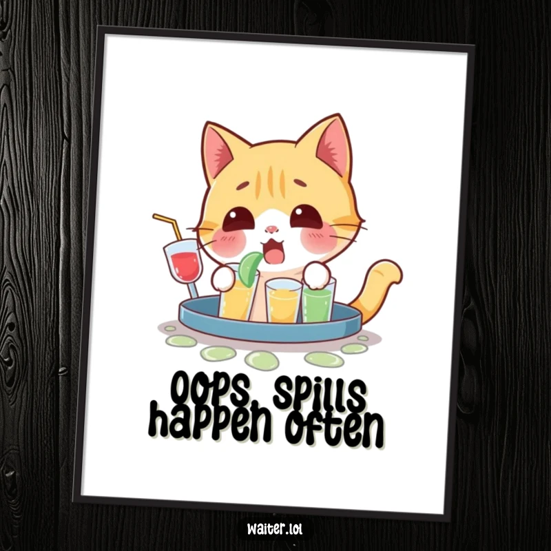 Funny free printable wall art showing a playful cat yelping in surprise after spilling an entire tray of drinks.