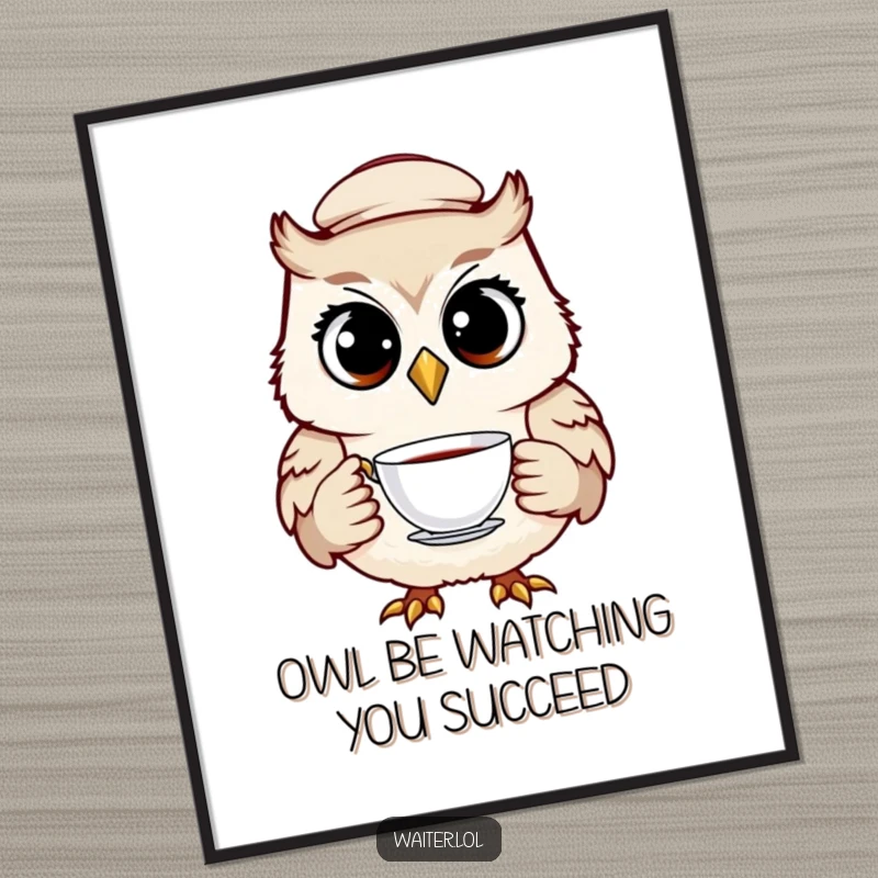 Funny Free Printable Wall Art of a cheerful owl waiter in a cap holding a teacup, with wide, knowing eyes, adding humor to any room.