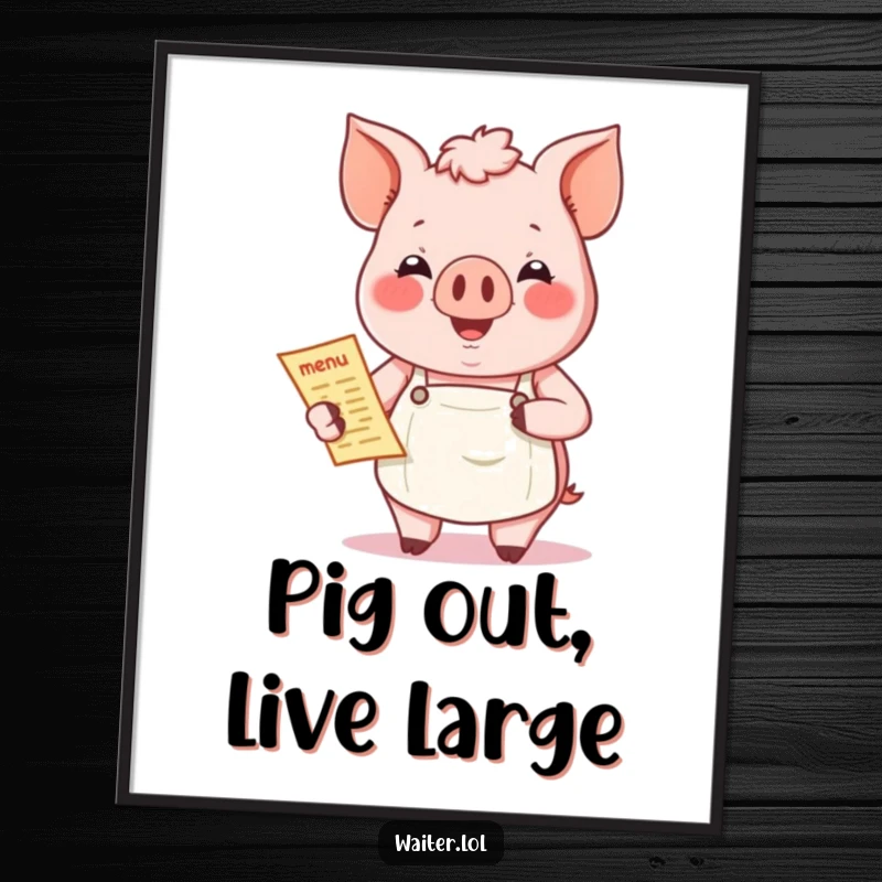 Funny Free Printable Wall Art of a jovial pig wearing an apron and holding a menu, looking ready to serve.