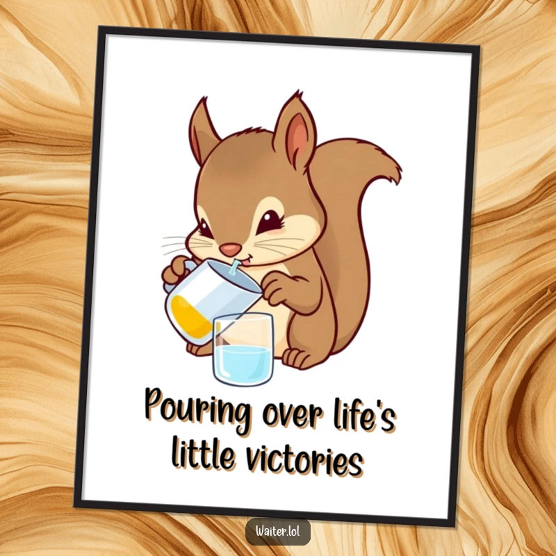 Funny Free Printable Wall Art: A squirrel with intense focus pouring a drink from a miniature pitcher with its tiny paws.