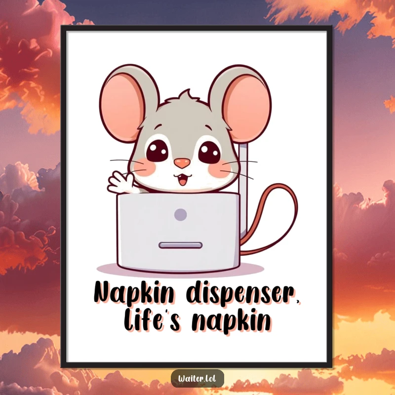 Funny free printable wall art depicting a surprised cartoon mouse peeking from behind a napkin dispenser with a friendly and welcoming gesture.