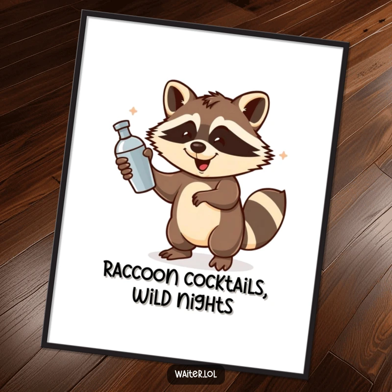 Funny Free Printable Wall Art: A playful raccoon energetically spins a cocktail shaker, bringing humorous downloadable decor with flair.