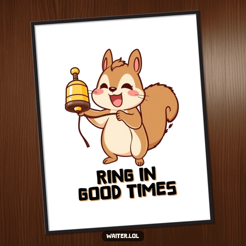 Funny Free Printable Wall Art: A cheerful squirrel enthusiastically rings a service bell, depicted in a playful and charming artistic style.