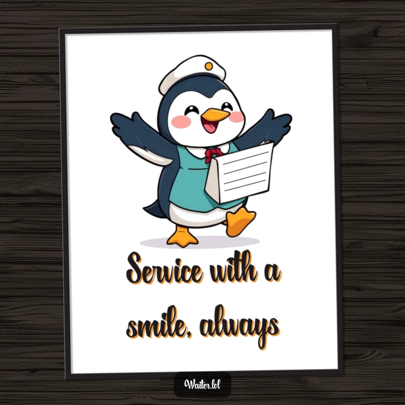 Funny Free Printable Wall Art: A joyful penguin waiter waddles excitedly with a large order form, exuding hopeful charm.
