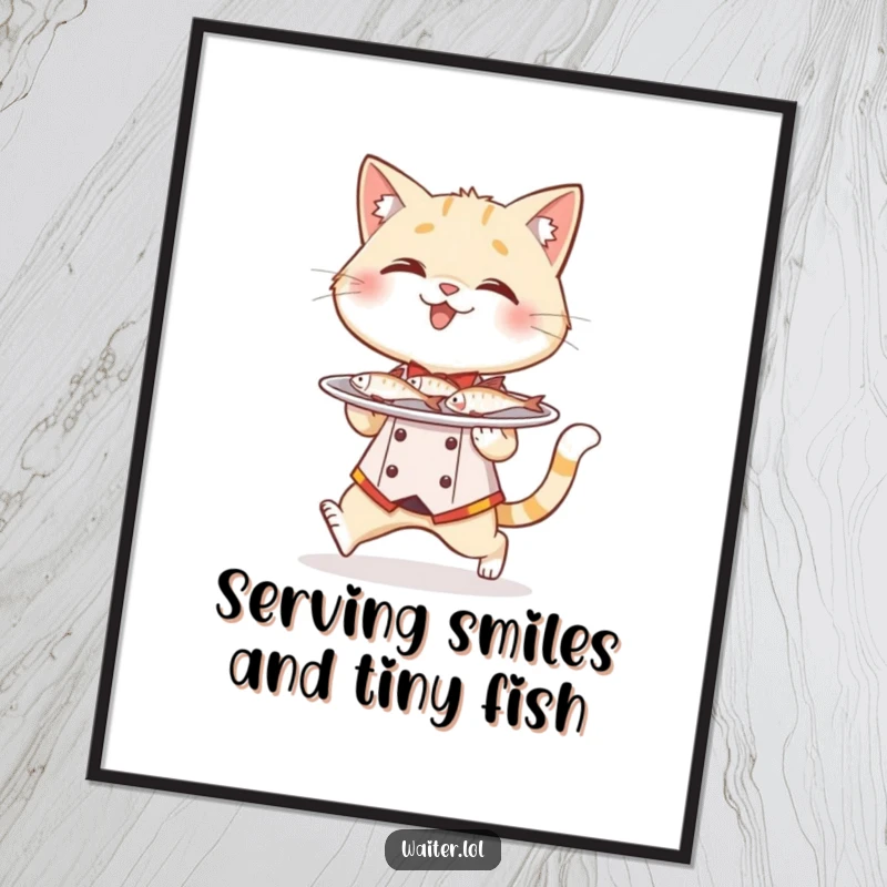 Funny Free Printable Wall Art: Giggling cat waiter tiptoes cautiously holding a plate of miniature fish.