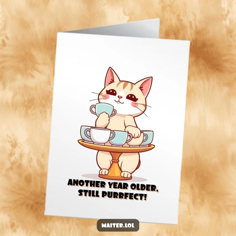 Funny Free Printable Birthday Card: Determined cat wobbling with a huge tray of teacups, hilarious celebration art, DIY gift.