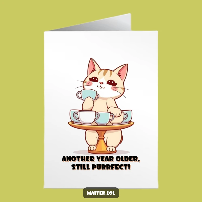 Free Printable Birthday Card: Wobbly Cat Tea Tray Humor, Downloadable Gift