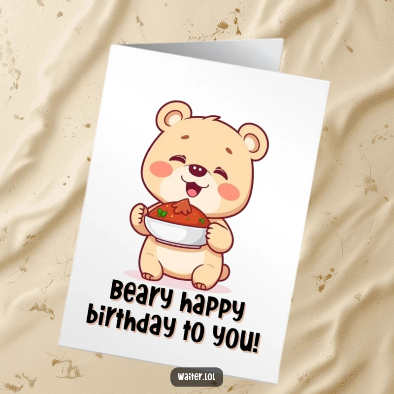 Funny Free Printable Birthday Card featuring a giggling bear cub proudly presenting a tasty dish, perfect for a downloadable gift.