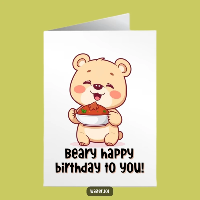 Free Printable Birthday Card: Giggling Bear Cub's Proud Dish Delivery Funny Downloadable Gift