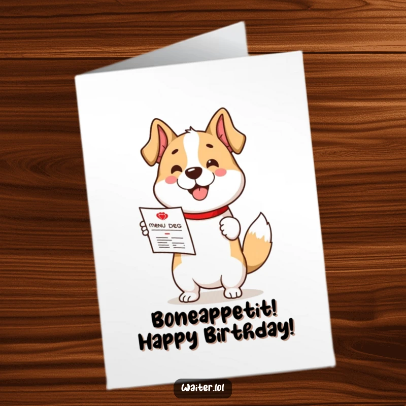 Funny free printable birthday card: a cute dog enthusiastically presents a menu with a very happy wagging tail.