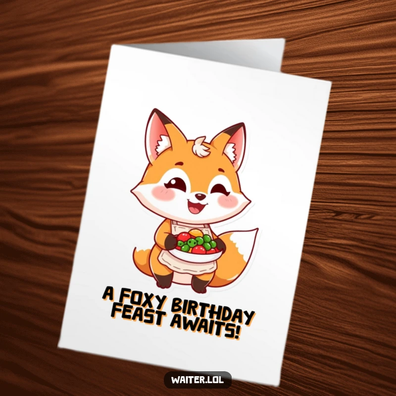 Funny Free Printable Birthday Card: A grinning fox in a tiny apron proudly presents a vibrant, colorful dish with culinary flair.