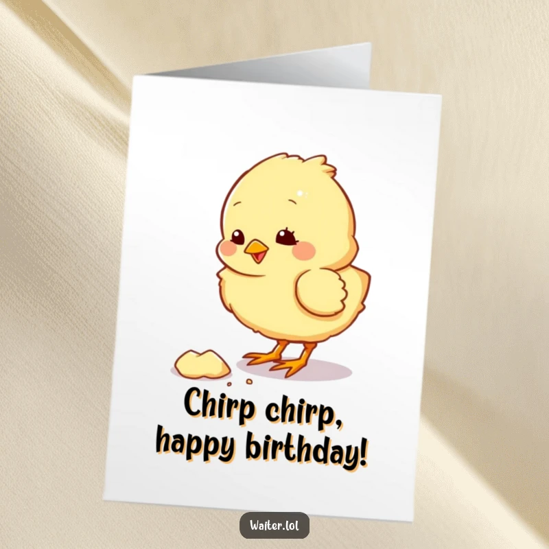 Funny Free Printable Birthday Card: A fluffy chick happily pecking at a fallen crumb with a satisfied chirp, celebrating your day.