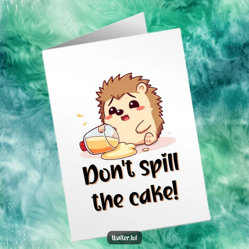Funny Free Printable Hedgehog Birthday Card: A startled hedgehog has just spilled a drink everywhere, creating a comical mess.