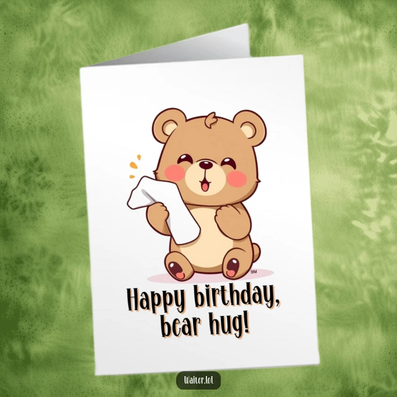 Funny Free Printable Birthday Card: A little bear enthusiastically offering a napkin with a dramatic flourish.