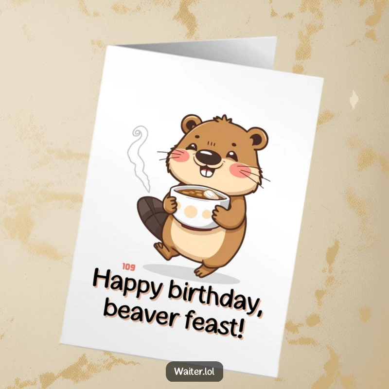 Funny Free Printable Birthday Card: A busy beaver carefully carrying a steaming bowl of food with great attention.