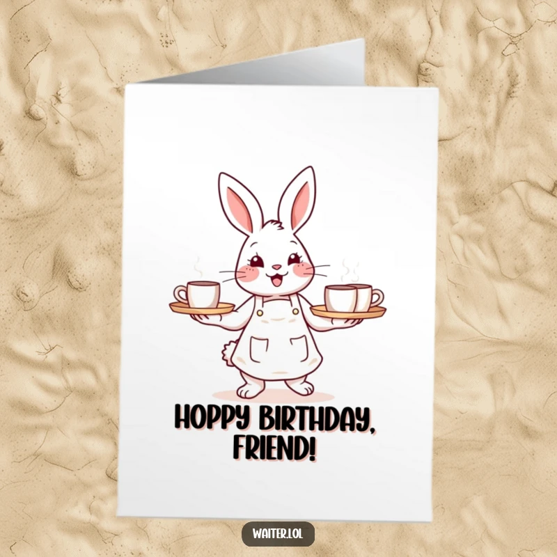Funny free printable birthday card featuring a cheerful bunny barista in an apron holding a tray of steaming mugs.