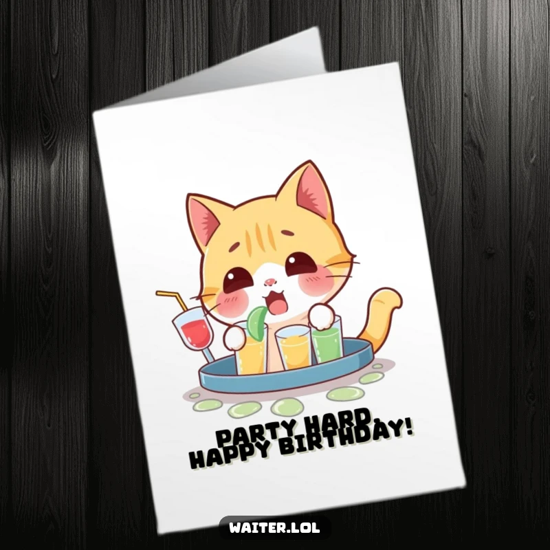 Funny free printable birthday card: a playful cat yelps in surprise as it spills a whole tray of drinks.