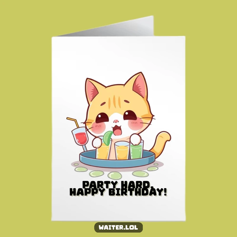 Free Printable Birthday Card: Cat's Drink Disaster, Funny Downloadable Gift for Party Animals