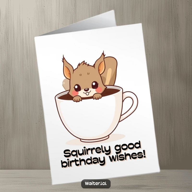 Funny Free Printable Birthday Card: Curious squirrel peeking from behind a giant coffee cup, ready to party!