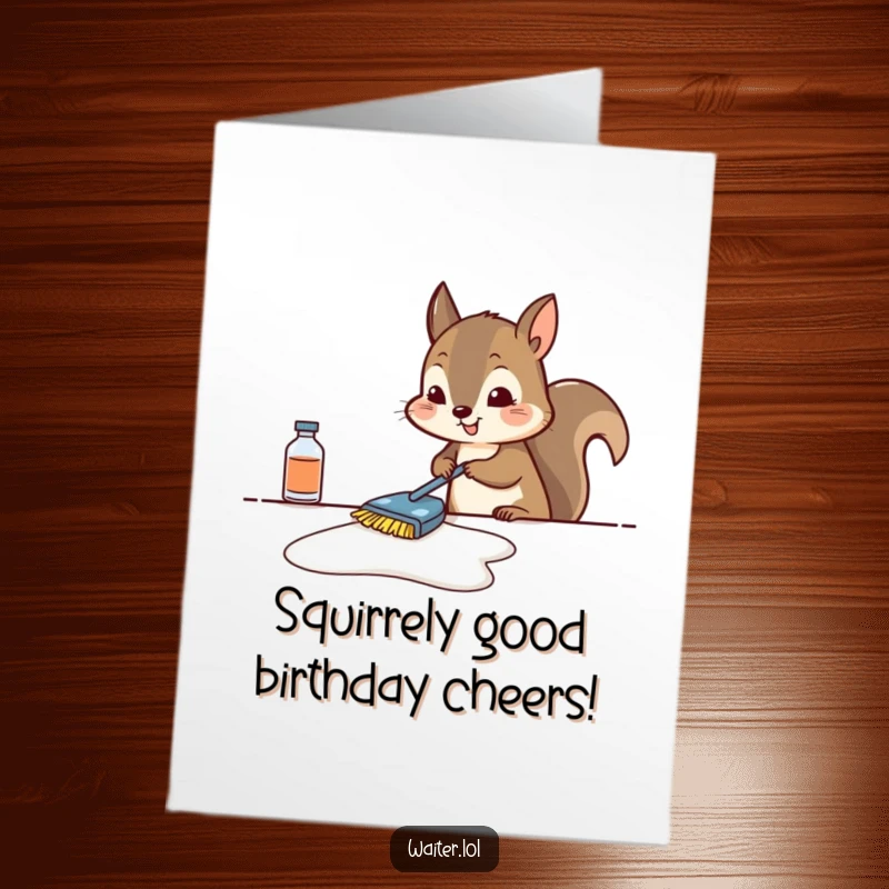 Funny Free Printable Birthday Card: Determined squirrel vigorously wiping a table, expressing diligent humor, perfect DIY gift.