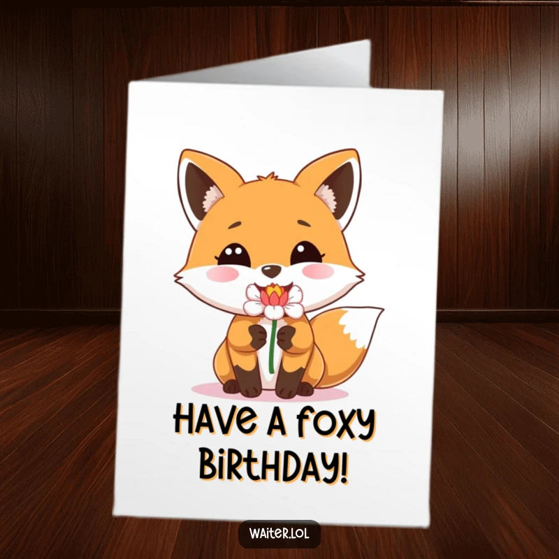 Funny free printable birthday card showing a happy fox with a huge smile delivering a single, perfect flower.