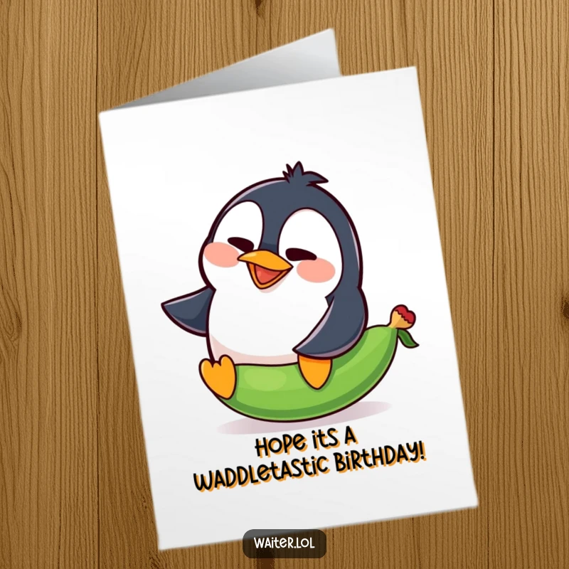 Funny Free Printable Birthday Card: Goofy penguin character mid-squawk, slipping comically on a single pea.