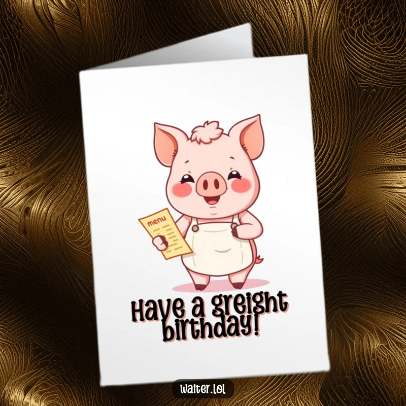 Funny Free Printable Birthday Card featuring a jovial pig in an apron, holding a menu, ready to celebrate.