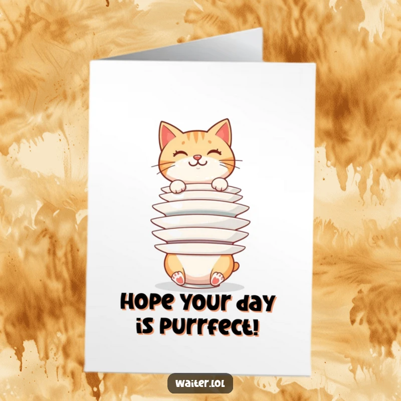 Funny Free Printable Birthday Card: Cheerful cat balances huge stack of plates precariously, a comical birthday challenge.