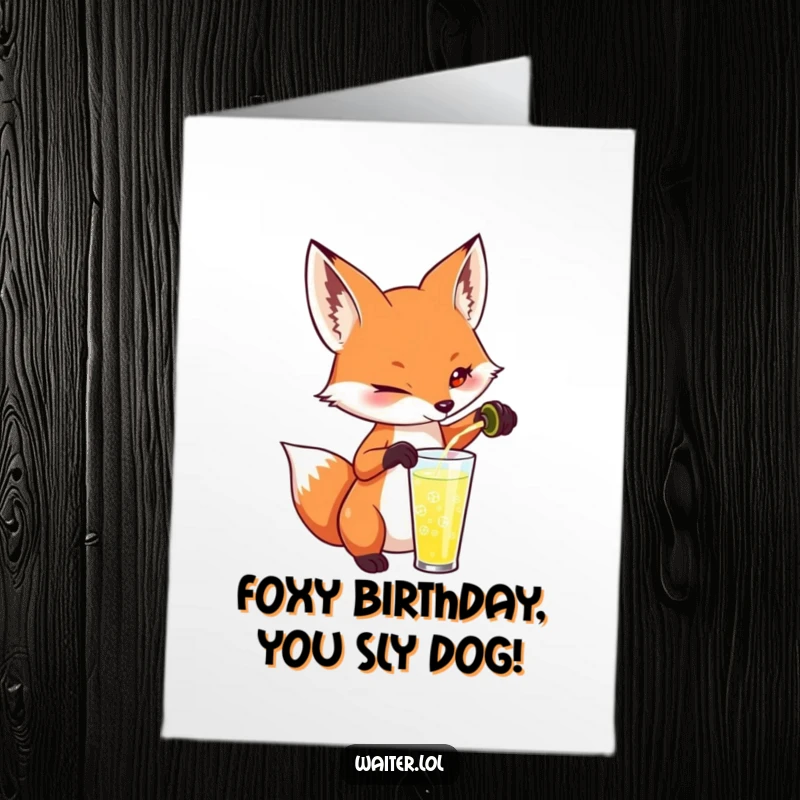 Funny Free Printable Birthday Card: Playful fox pouring a drink with a mischievous glint, perfect for a humorous celebration, DIY gift.