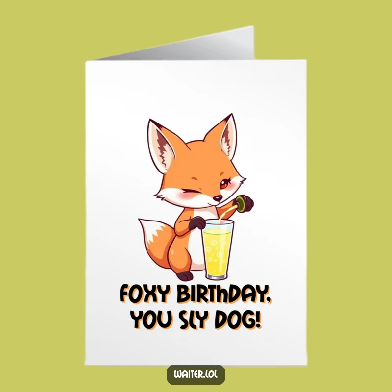 Free Printable Birthday Card: Mischievous Fox Drink Pour, Downloadable Humor Gift