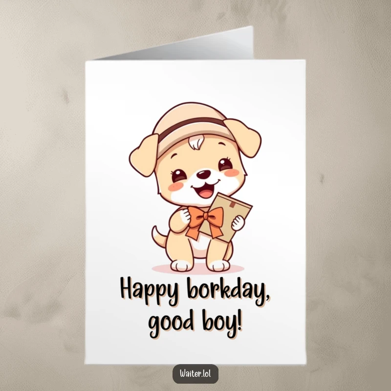 Funny Free Printable Birthday Card: A giggling puppy in a hat and bow proudly holds a menu, ready to serve birthday fun with a smile.