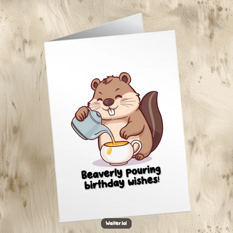 Funny Free Printable Birthday Card: A determined beaver carefully pours tea from a teapot with utmost precision and a serious expression.