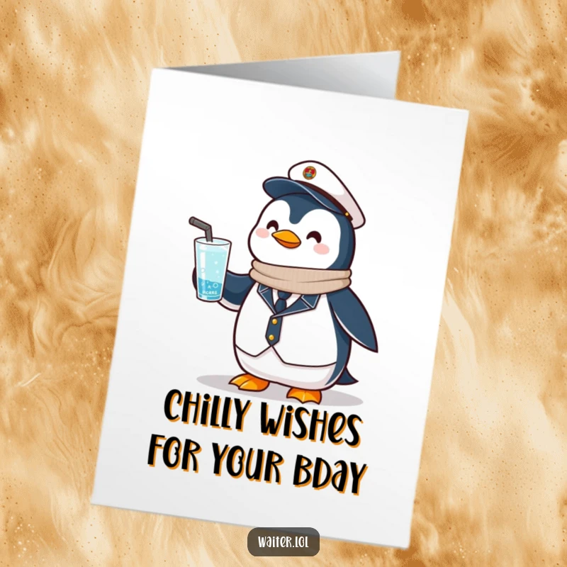 Funny Free Printable Birthday Card featuring a proud penguin in uniform offering a frosty drink with a nod.