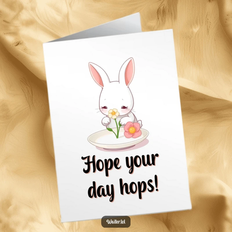 Funny Free Printable Birthday Card: A gentle rabbit places a flower on a tiny plate for a birthday surprise.
