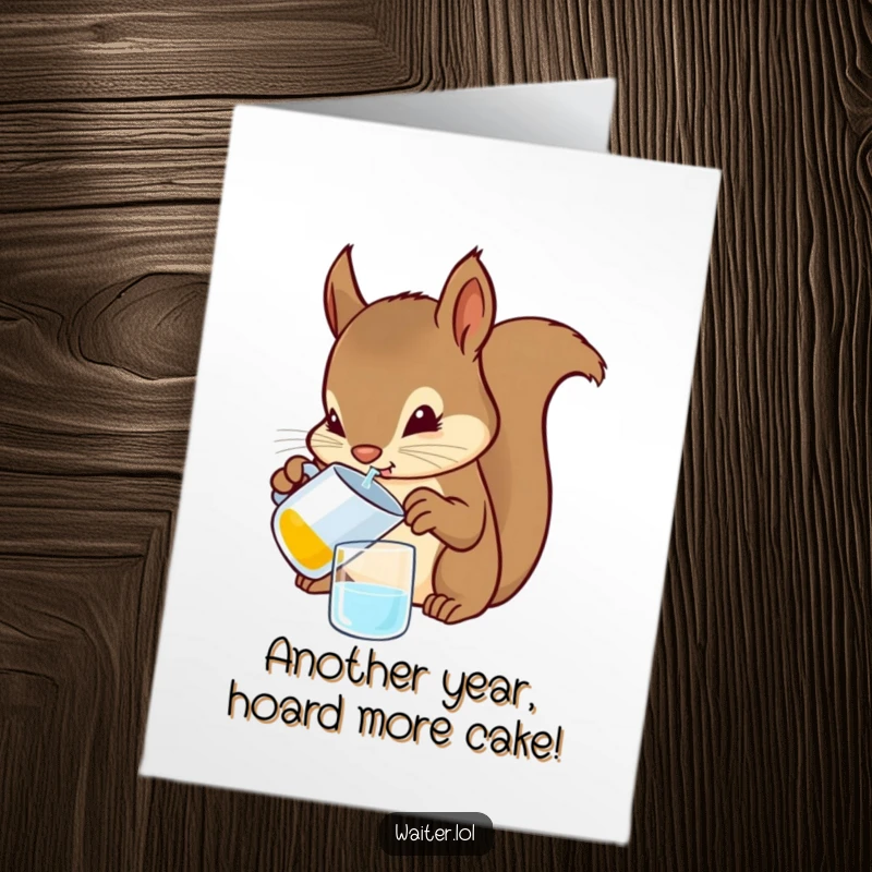 Funny Free Printable Birthday Card: A determined squirrel pouring a drink from a tiny pitcher with focused paws.