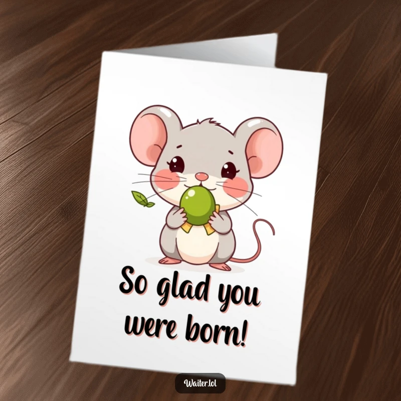 Funny Free Printable Birthday Card featuring a tiny mouse in a polite bow, offering a single olive, perfect for witty greetings.