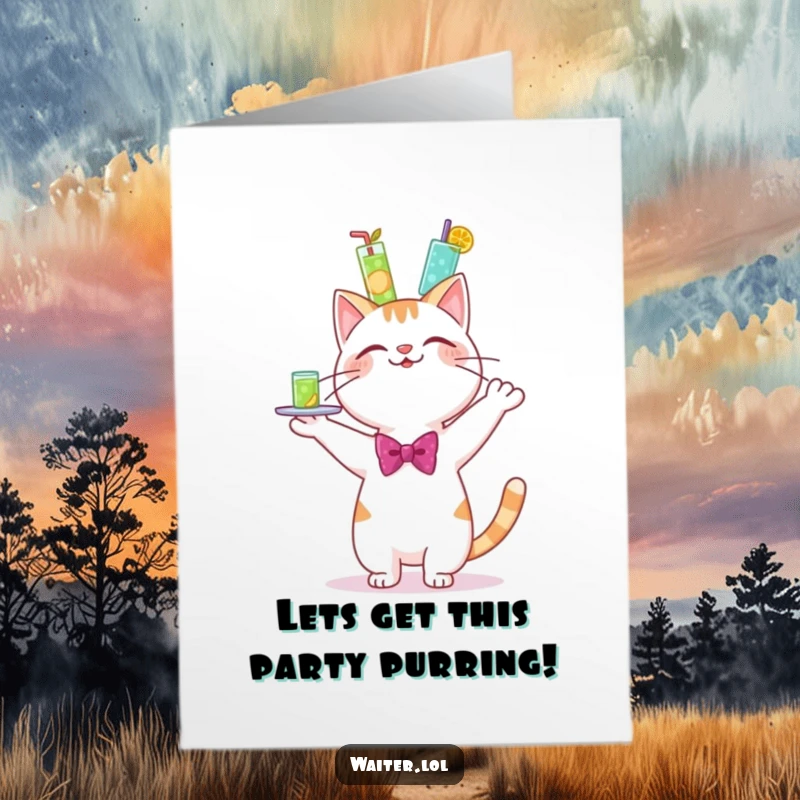 Funny Free Printable Birthday Card: Cheerful cat in bowtie wobbles an overflowing drink tray, celebrating a fun birthday.